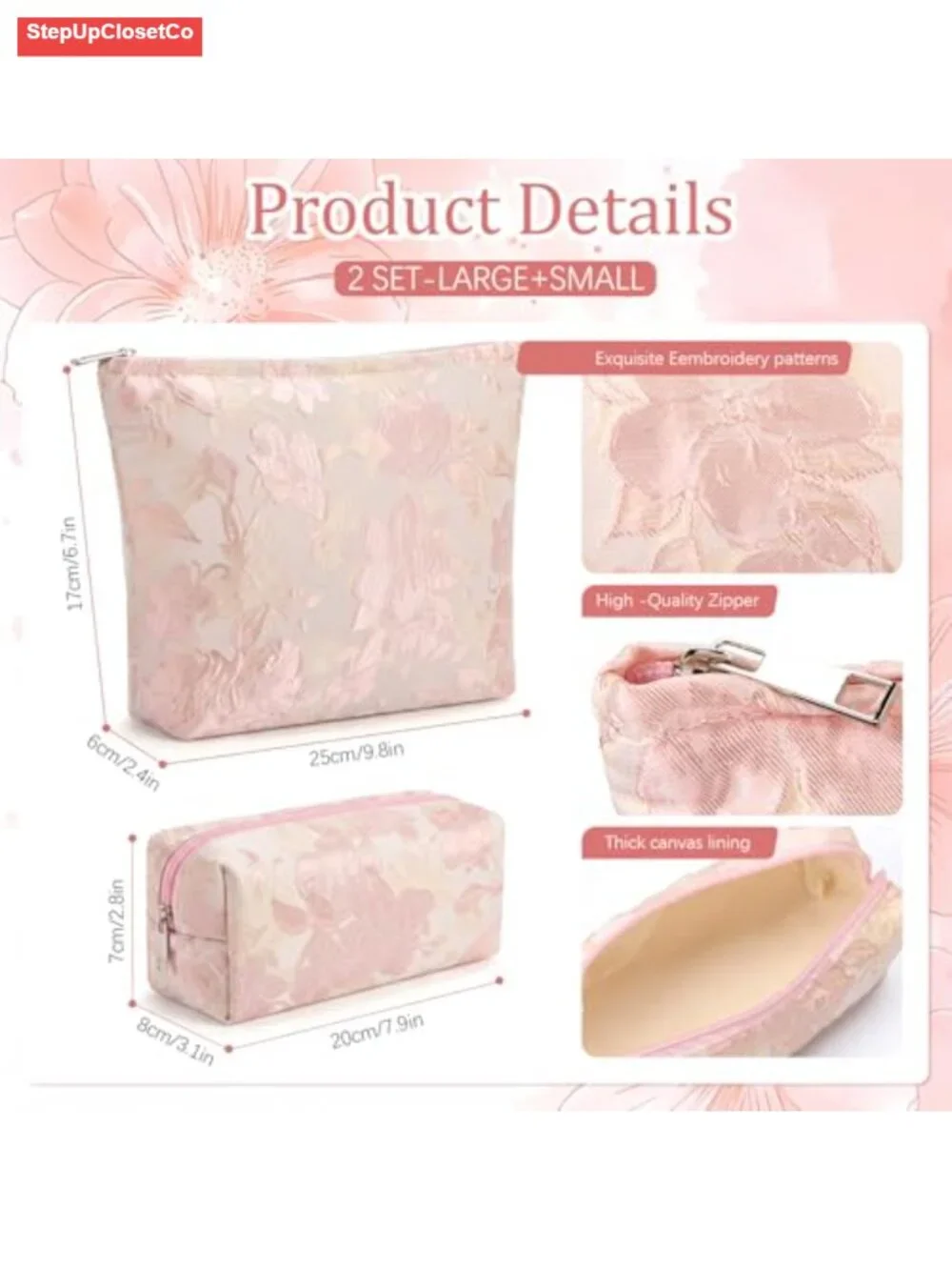 Set of 2 Floral Makeup Bags Large Travel Toiletry Pouch Canvas Cotton Zipper